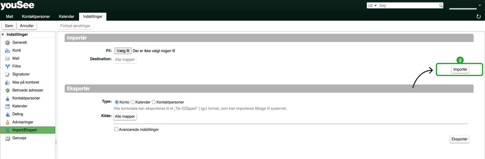 I højre side af skærmen, skal du trykke på Importér