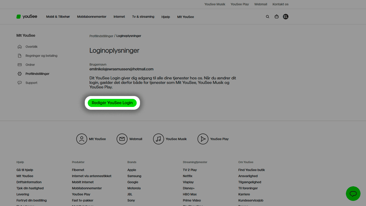Billede af siden 'Profilindstillinger' med en fremhævet knap mærket 'Rediger' under login-indstillinger.