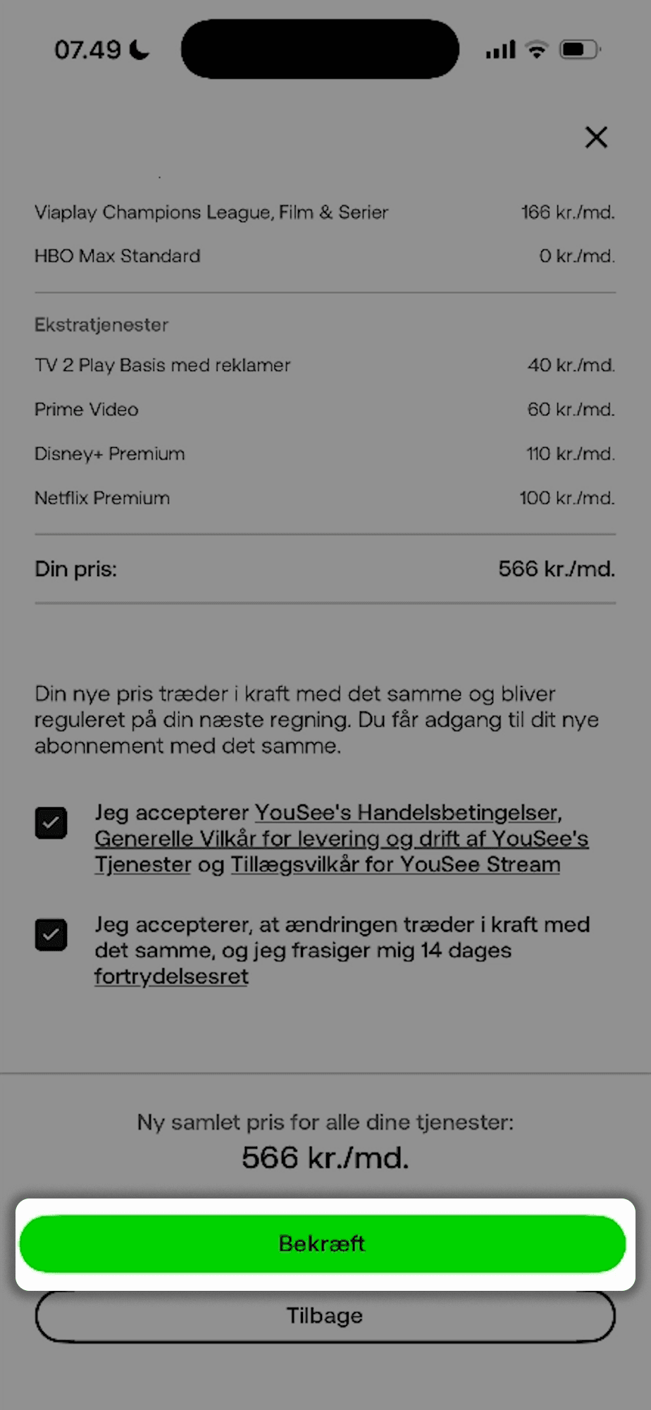 Oversigt over valg af streamingtjeneste og prisforskellen. Der er også sat flueben i to bokse ved vilkår. I bunden af siden er en grøn "Bekræft"-knap fremhævet.