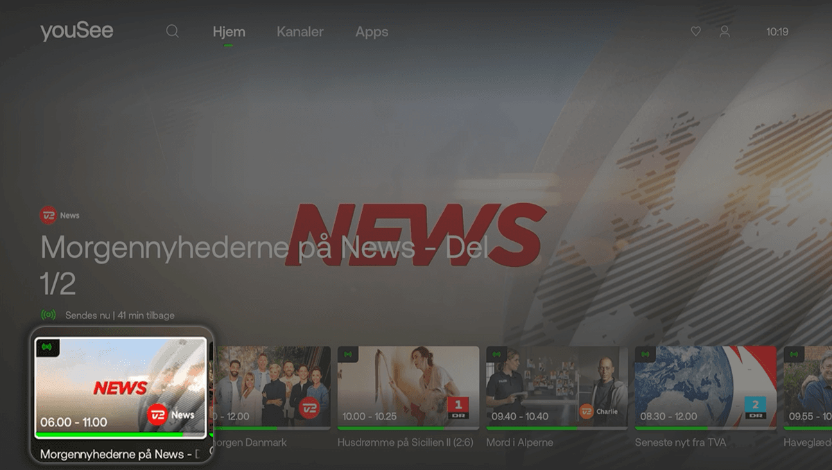 YouSee tv-interface med programoversigt og markeret og valgt visning af TV2 News morgenprogram.
