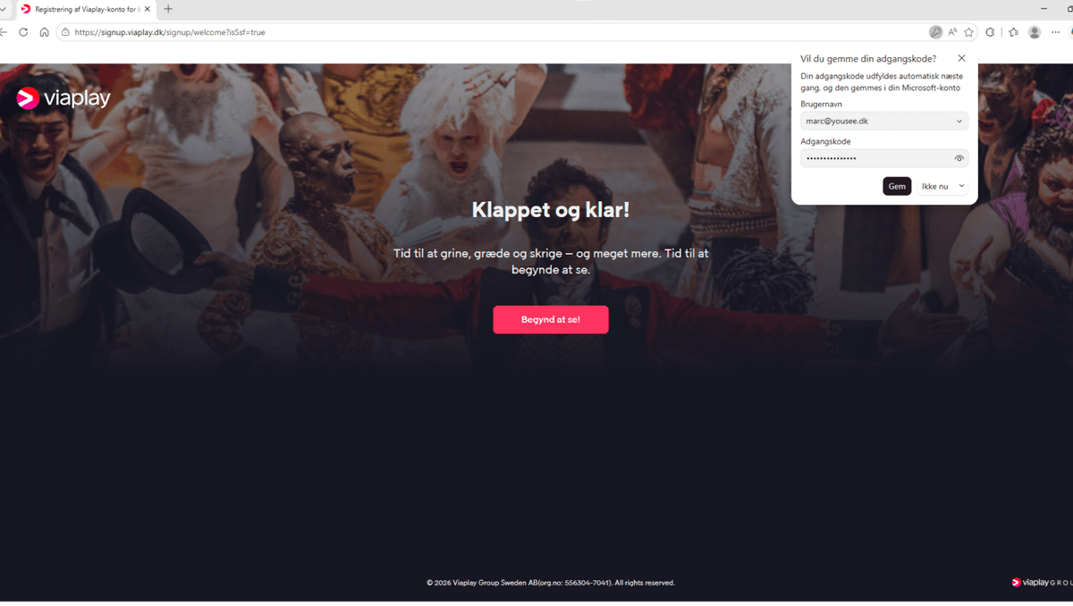 Viaplay login-side med baggrundsbillede af mennesker der griner og hygger sig ved et bord med mad. En rød knap med teksten "Begynd at se!"