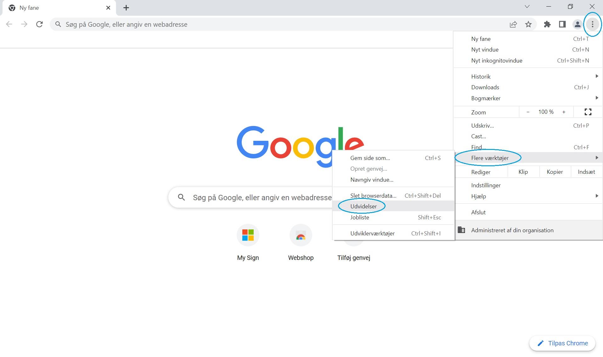 Klik på de tre prikker øverst til højre i din browser og vælg Flere Værktøjer og undermenuen Udvidelser.