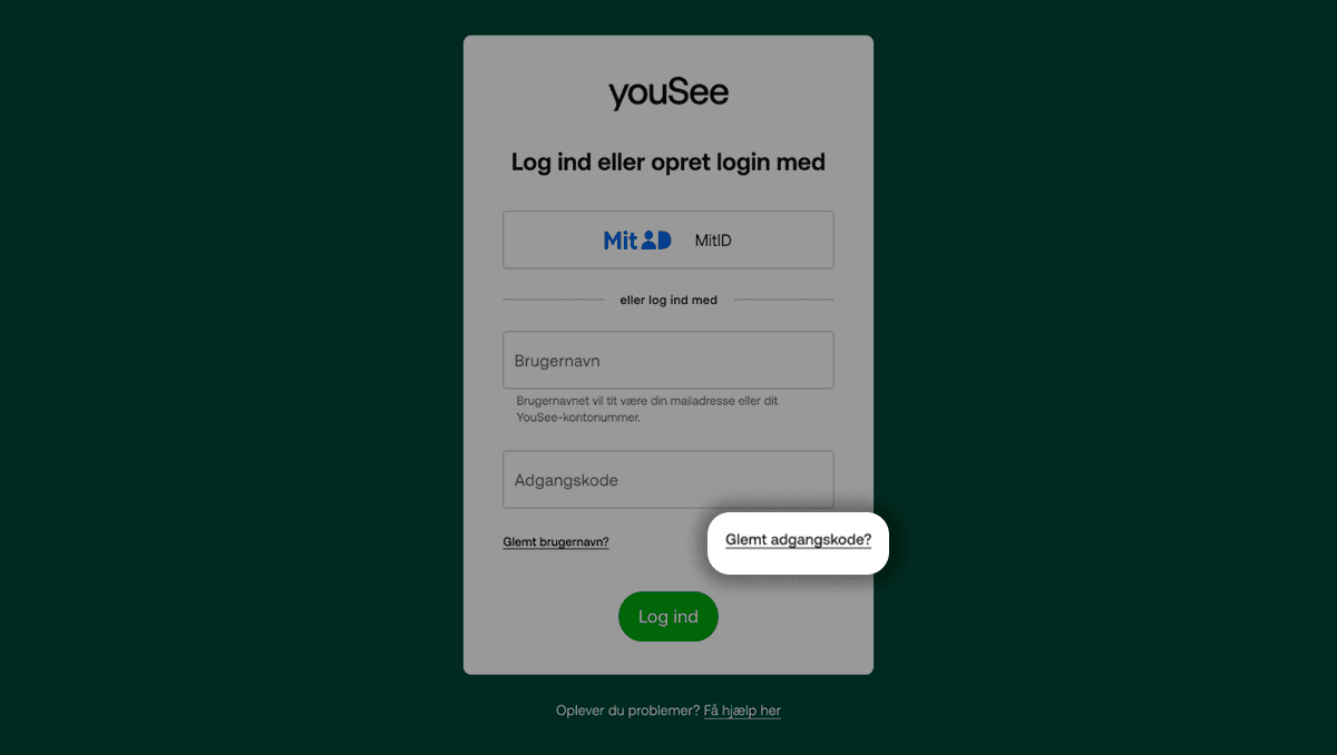 YouSee-loginvindue med felter til brugernavn og adgangskode, knappen 'Log ind' samt linket 'Glemt adgangskode?