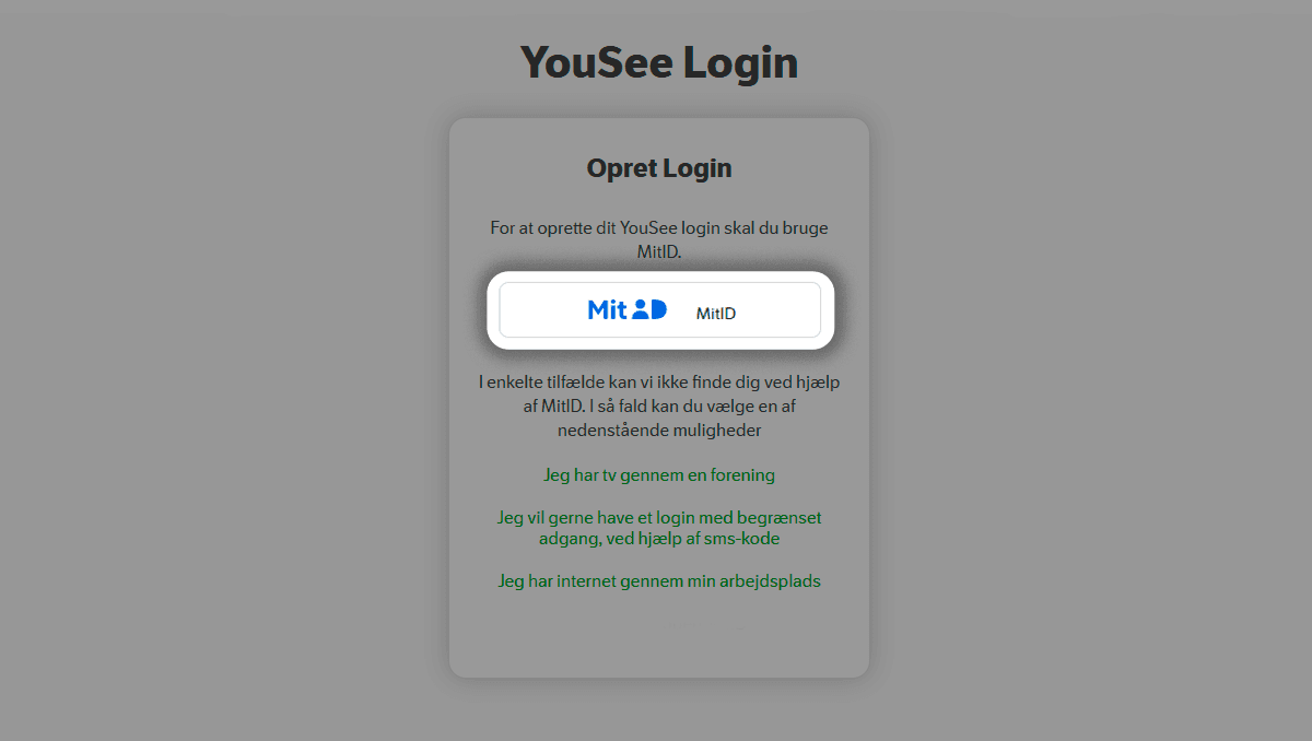 YouSee Login-side med knap til oprettelse af login via MitID