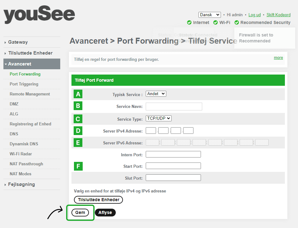 Billedet viser opsætningsmenuen for port forward i routeren.