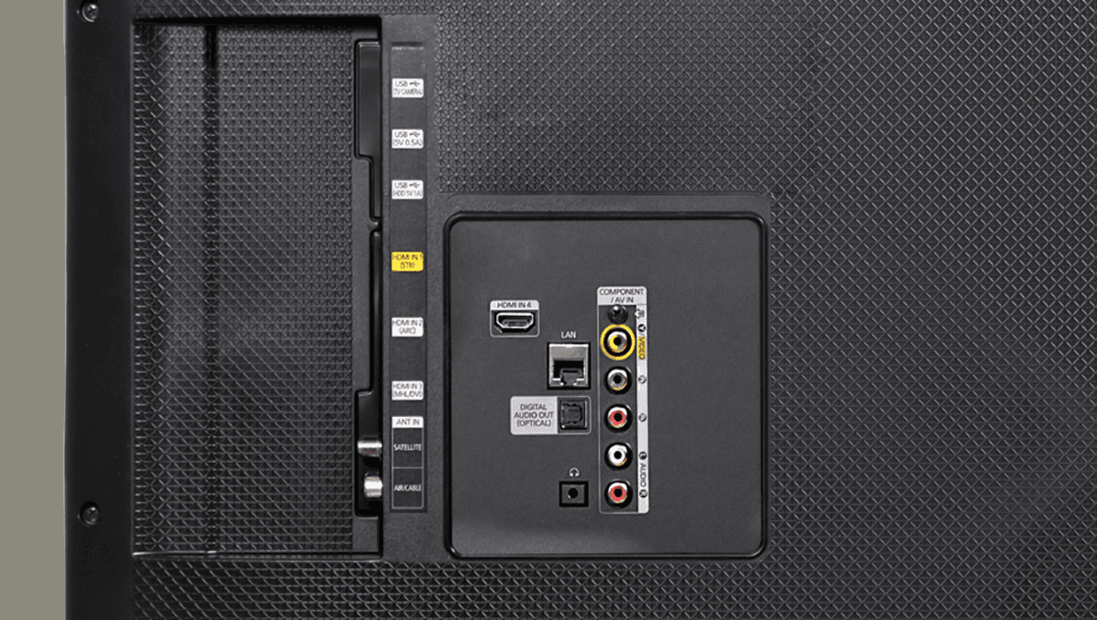 Bagside af tv med tilslutningspanel der viser HDMI, LAN, USB, komponent- og digitale audio-indgange samt antennetilslutning.