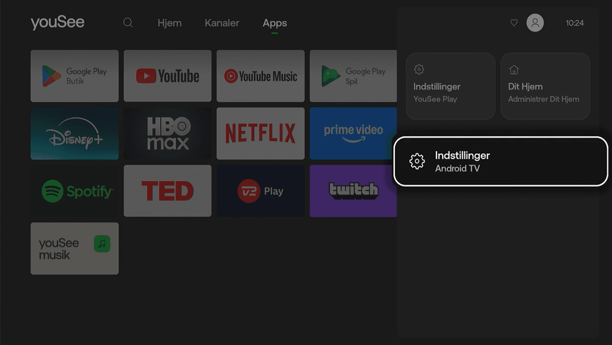 Mørk drop down menu i højre side, hvor Indstillinger (Android TV) er fremhævet og valgt.